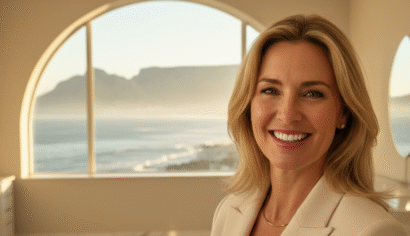 A stylish middle-aged patient smiling confidently after a full mouth rehabilitation Cape Town at a modern clinic.