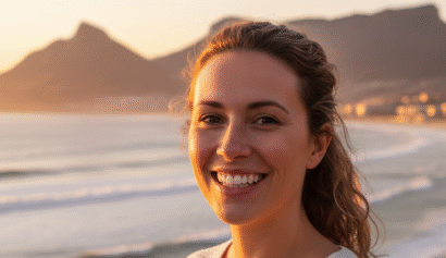 A person smiling confidently after their teeth whitening Camps Bay treatment near the coast.