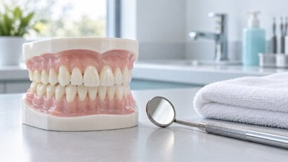 Dental teaching model and mirror illustrating oral hygiene care for EMS teeth cleaning